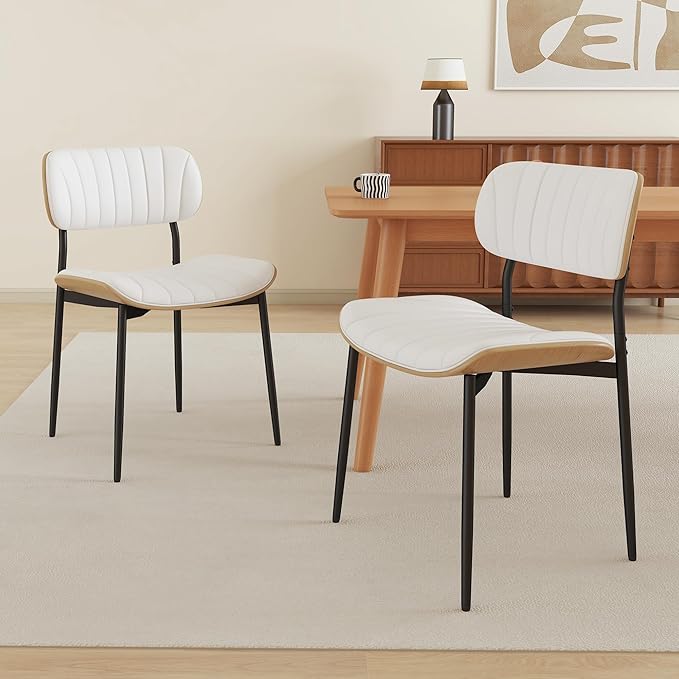 Modern PU Leather Dining Room Chairs Set of 2, Upholstered Kitchen Chairs with Curved Wood Backrest and Metal Legs Adjustable Feet for Kitchen Dining Room(White)