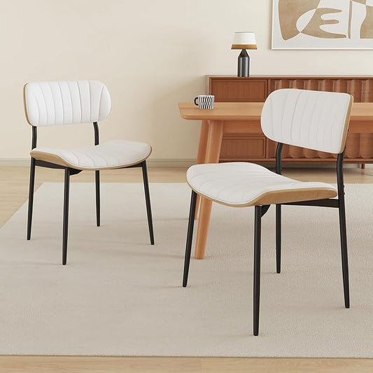 Modern PU Leather Dining Room Chairs Set of 2, Upholstered Kitchen Chairs with Curved Wood Backrest and Metal Legs Adjustable Feet for Kitchen Dining Room(White)