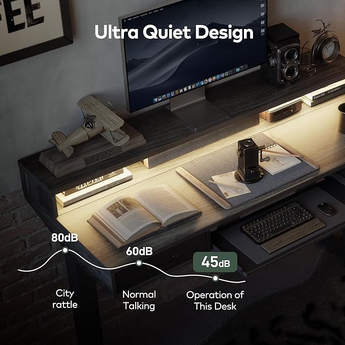 FEZIBO 55 x 24 Inch Height Adjustable Electric Standing Desk with Double Drawers&Keyboard Tray, Stand Up Desk with LED Strips&Monitor Stand,Rustic Grey Top