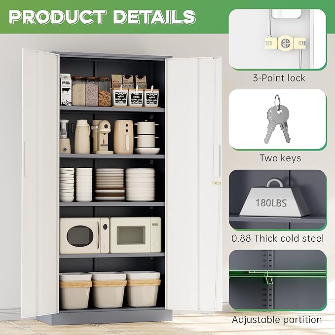 INTERGREAT Metal Storage Cabinet, 72" H Lockable Steel Cabinets with Locking Doors, Storage Locker with Adjustable Shelves for Office, Home, Garage, Gym, School (White Grey)