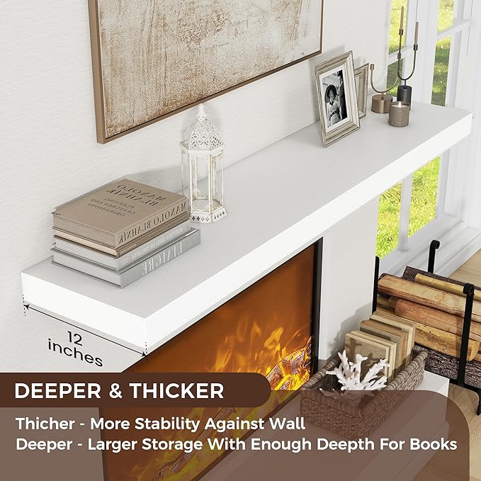 Floating Shelves for Wall, 72 Inch Wide x 12 Inch Deep Floating Shelves, Long Wood Floating Wall Shelf Shelves for Living Room Bathroom Bedroom Kitchen Home - (White, 72" W x 12" D x 2" H)