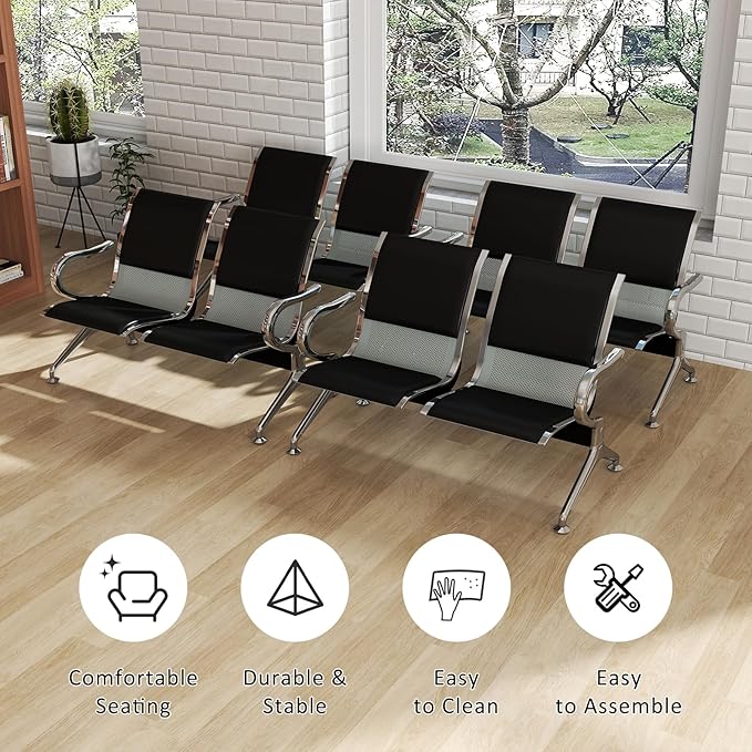 Kinfant Waiting Room Bench Set - 2-Seat PU Leather Waiting Room Chair Office Guest Reception Chair with Armrest, Airport, Hospital, Bank, Salon, Barbershop(Black, Set of 4)