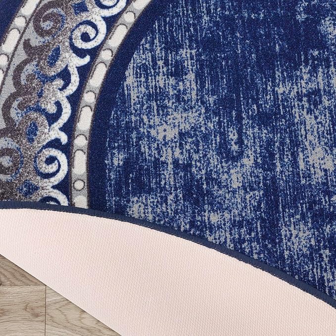 Antep Rugs Alfombras Bordered Modern 5x7 Non-Slip (Non-Skid) Low Pile Rubber Backing Indoor Area Rug (Navy, 5' x 7' Oval)