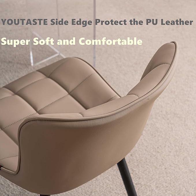 YOUTASTE Khaki Dining Chairs Set of 2, Comfy Faux Leather Upholstered Kitchen Chairs with Black Metal Legs, Mid-Century Modern Design, Accent Chair for Dining Room, Bedroom, Reception