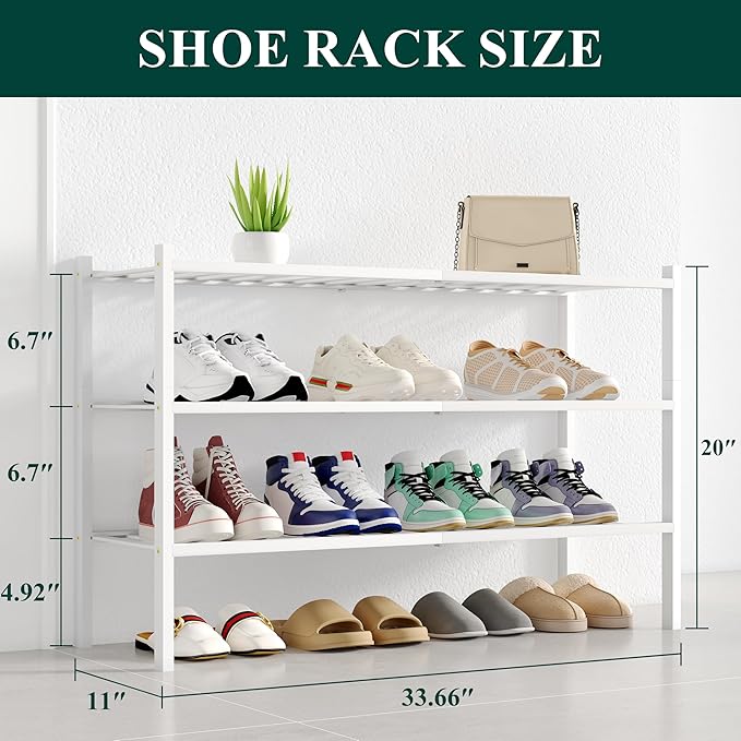 Smiry Shoe Rack, 3 Tier Long Bamboo Shoe Organizer, Stackable Free Standing Wooden Shoe Storage Shelf for Closet, Entryway, Front Door Entrance, White