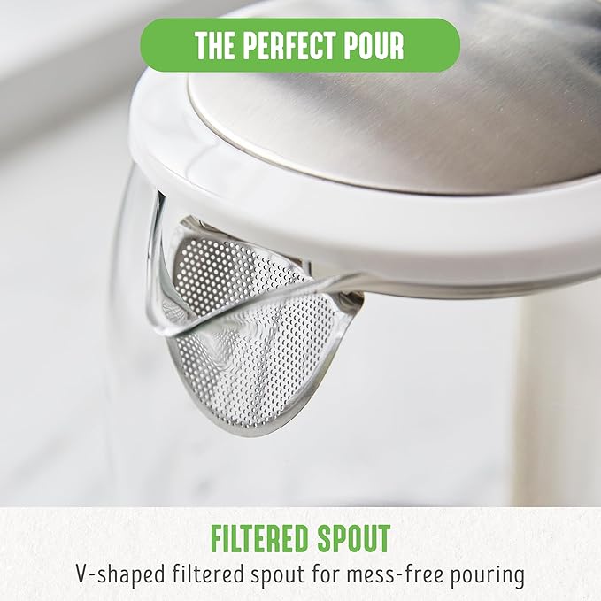 GreenLife 1.7 Liter Glass Electric Kettle, Easy One Touch Use, Quick Heating, Filtered Spout, LED Base, Auto Shut-Off, Cordless Serving, Coffee and Tea, White