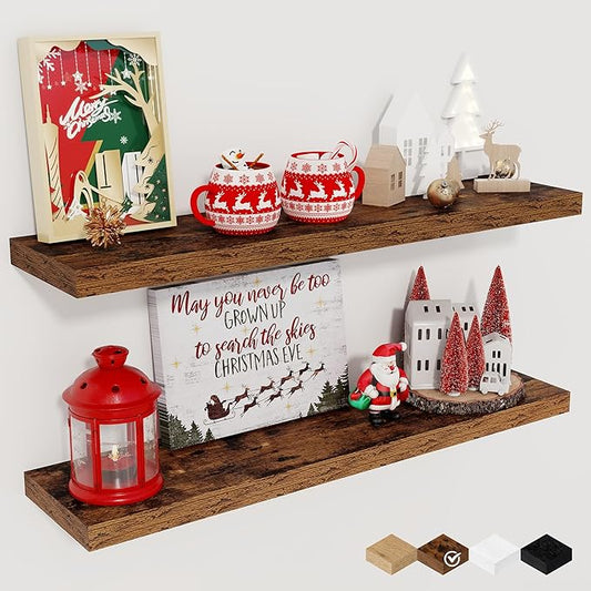 Fun Memories Floating Shelves for Wall, 27.5" Rustic Wood Deep Wall Mounted Shelves with Invisible Brackets for Decor & Storage, Floating Shelf for Living Room, Bathroom (Rustic Brown, Set of 2)