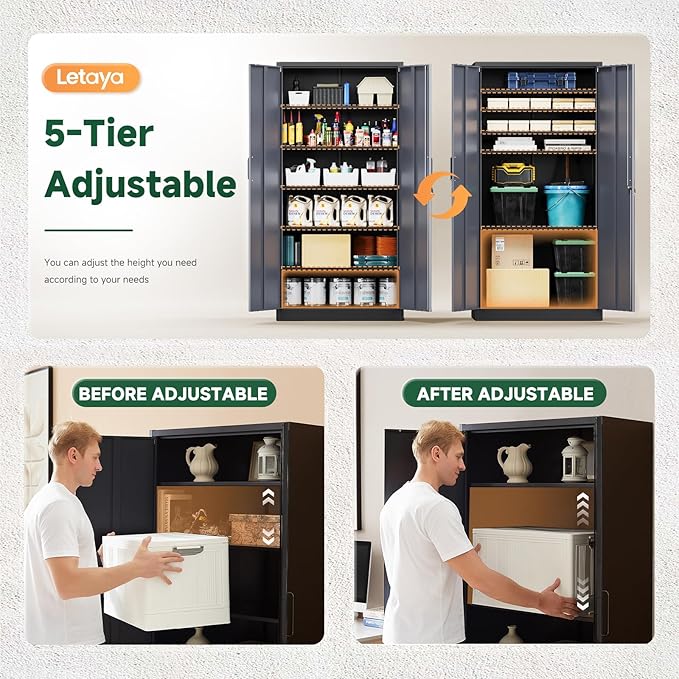 Letaya Metal Storage Cabinet with Lock Door and 5 Shelves,6 Tier Steel Garage Tool Cabinet for Home Office Utility Room 72" H X 36" W X18 D (Black Gray)