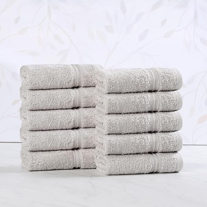 Superior Heritage Egyptian Cotton Face Towel Set, Small Towels for Kitchen, Home Bathroom, Guest Bath, Luxury Essentials, Plush, Absorbent Basics, Washcloths, Spa, Hotel, Resort, Set of 10, Silver