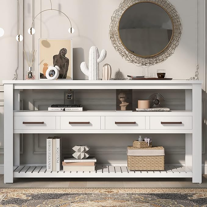 Modern Console Table 62-Inch Long Narrow Entry Sofa Table with Storage Shelves & Drawers for Living Room Entryway (White)