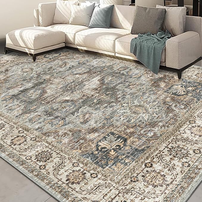 Machine Washable Rug 8x10 - Vintage Inspired Distressed Design Large Area Rugs,Soft Durable, Stain Resistant, Non-Shedding, Easy Clean Area Rugs (Olive/Taupe, 8X10)