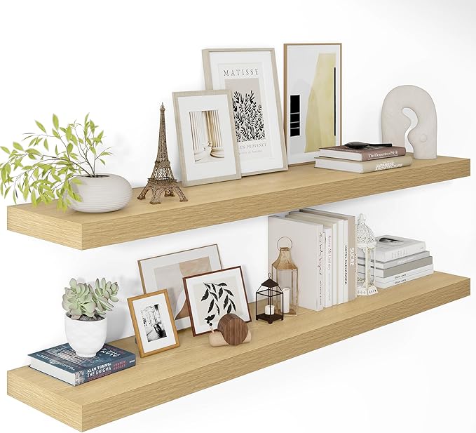 Vivelove 12 Inch Deep Floating Shelves 47.2 inch Long, 2 Inch Thick Wall Shelves with Invisible Brackets, Shelf for Bedroom Bathroom Living Room Kitchen Office Home Decor, Modern Shelf Set of 2, Oak