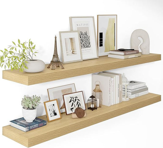 Vivelove 12 Inch Deep Floating Shelves 47.2 inch Long, 2 Inch Thick Wall Shelves with Invisible Brackets, Shelf for Bedroom Bathroom Living Room Kitchen Office Home Decor, Modern Shelf Set of 2, Oak