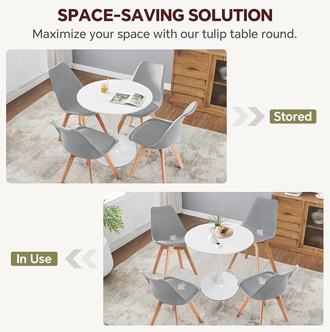Small Space 27.5 Inch White Round Tulip Dining Table - Modern Pedestal Base Kitchen Table for 2-4 People - Easy Assembly & Easy to Clean