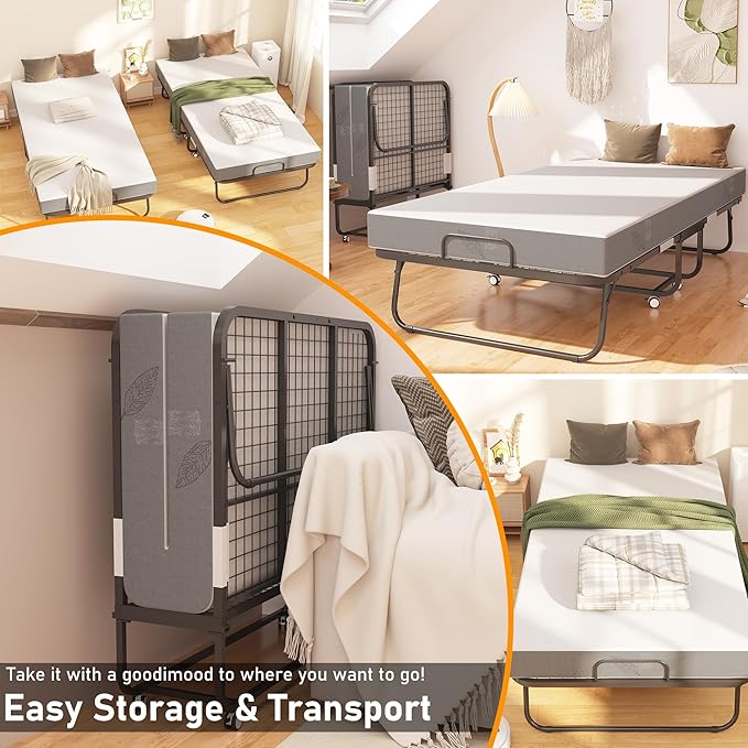 Folding Bed with Mattress, 75" x 38" Twin Size Rollaway Bed on Wheels, Foldable Metal Frame & Storage Pocket, Space-Saving Portable Cot for Adults, Home, Office, Apartment