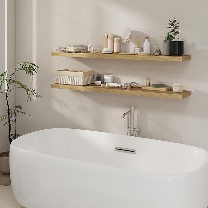 Fun Memories 55 Inch Floating Shelves for Wall 2 Pack Shelves for Bedroom|Kitchen|Bathroom Wall Mounted Rustic Wood Floating Shelf with Invisible Brackets for Books|Storage|Decor, Oak