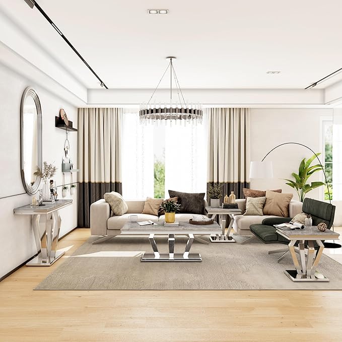 Living Room Table Set, 3-Piece Table Set Includes Coffee Table & 2 End Tables, Gray and Silver Coffee Table Set for Home Apartment Office