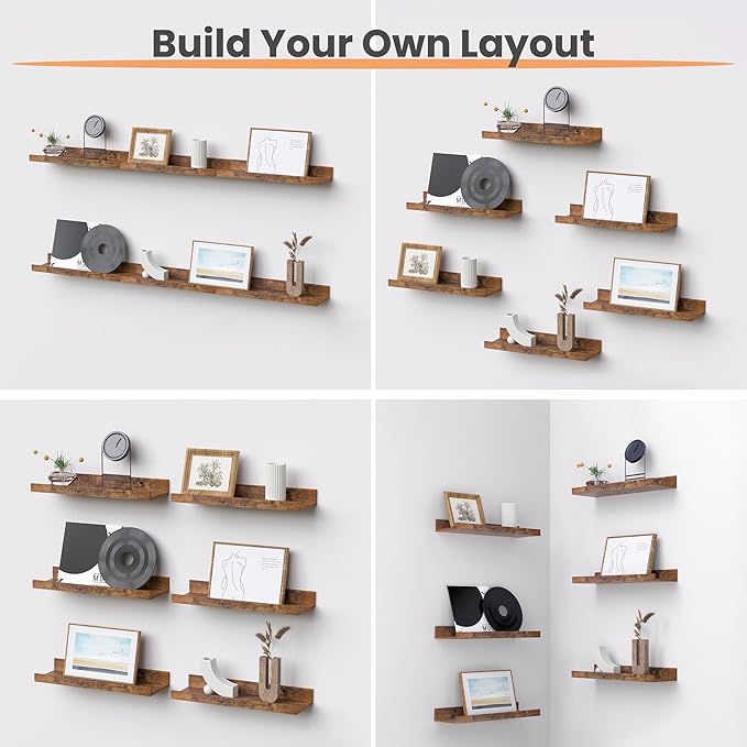 upsimples Floating Shelves for Wall, Wall Shelves for Decor Storage Set of 6, Wall Mounted Wood Shelf for Bedroom, Living Room, Bathroom, Kitchen, Picture Ledge Shelf, Brown