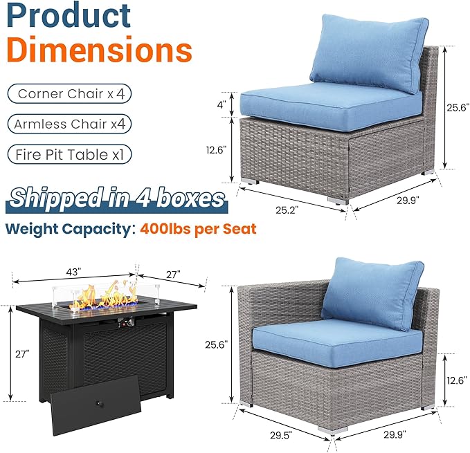 Wisteria Lane Patio Furniture Set for All Wheather, 9 Pieces Wicker Outdoor Furniture Set with Washable Cushions & Fire Pit Table, Oversized Outdoor Sectional for Garden, Poolside, Backyard, Blue