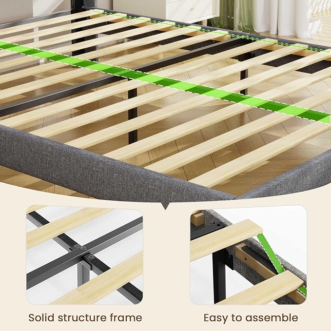 LED Queen Bed Frame with 2 Storage Drawers, Upholstered Bed Frame Queen Size with Headboard and Charging Station, No Box Spring Needed, Easy to Assembly-Light Grey