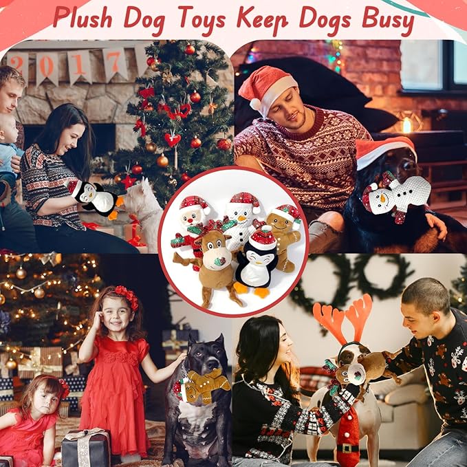 5 Pieces Christmas Squeaky Interactive Dog Toys with Crinkle, Plush Toy to Keep Them Busy for Boredom, Dog Toy for Small Medium Large Dogs - Santa/Penguin/Snowman/Gingerbread Man/Deer