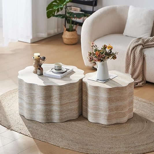 Round Coffee Tables Set of 2 for Living Room,Faux Mars Pattern Modern Minimalist Side Accent End Table for Apartment,Office(Beige Brown,26.7" & 23.6")