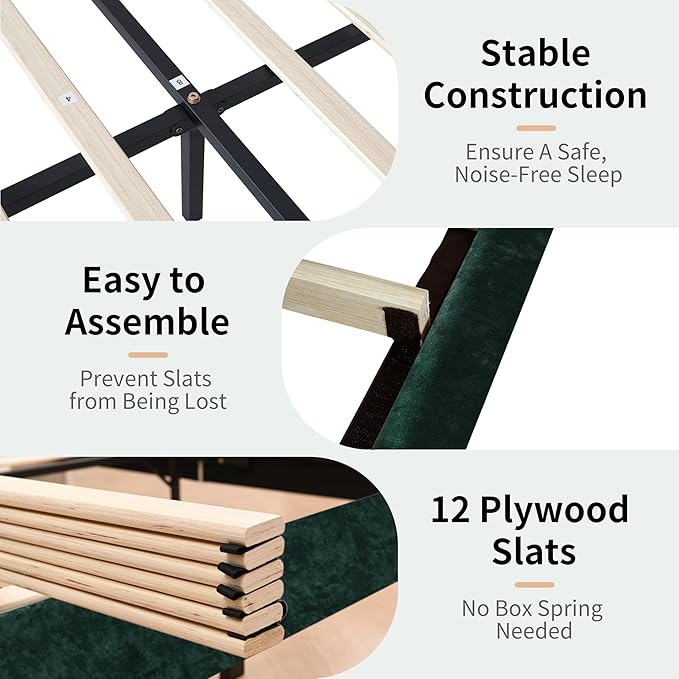 Full Size Upholstered Platform Bed Frame with Modern Wingback & Vertical Panel Headboard, Velvet Fabric, Wooden Legs & Slats Support, No Box Spring Needed, Noise-Free & Easy Assembly, Ink Green