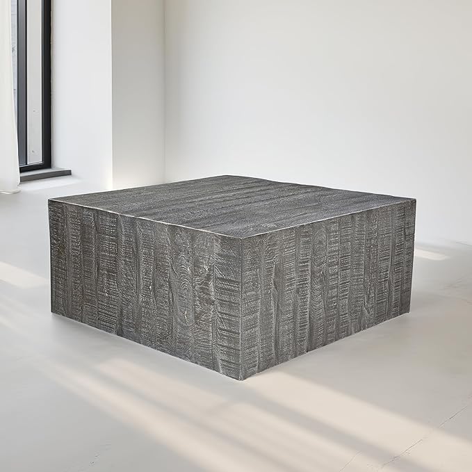 TUP THE URBAN PORT Rydan Coffee Table | 33 Inch Square Block Top | Sandblasted Gray Mango Wood