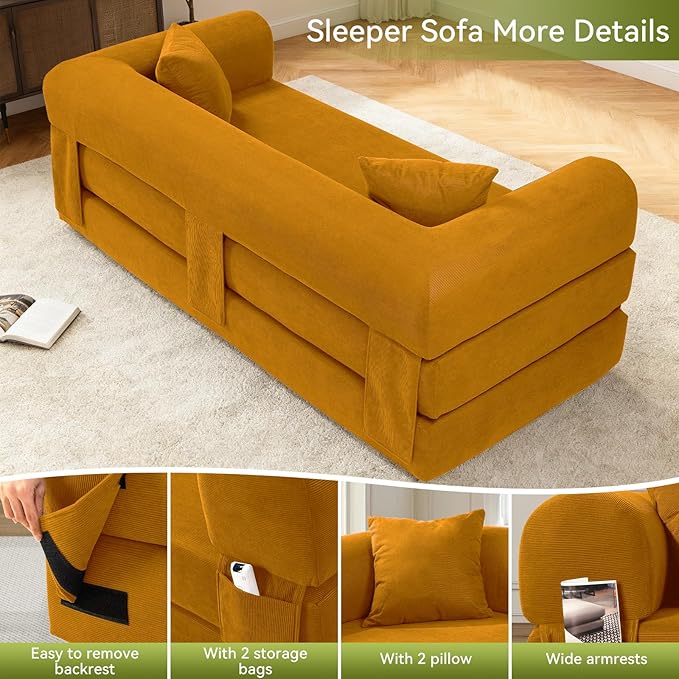 80" Convertible Sofa Bed,Folding Pull Out Couch with Pillows & Storage Pocket,Modular Corduroy Queen Sleeper Sofa in a Box,No Assembly Boneless Couch for Living Room,Yellow
