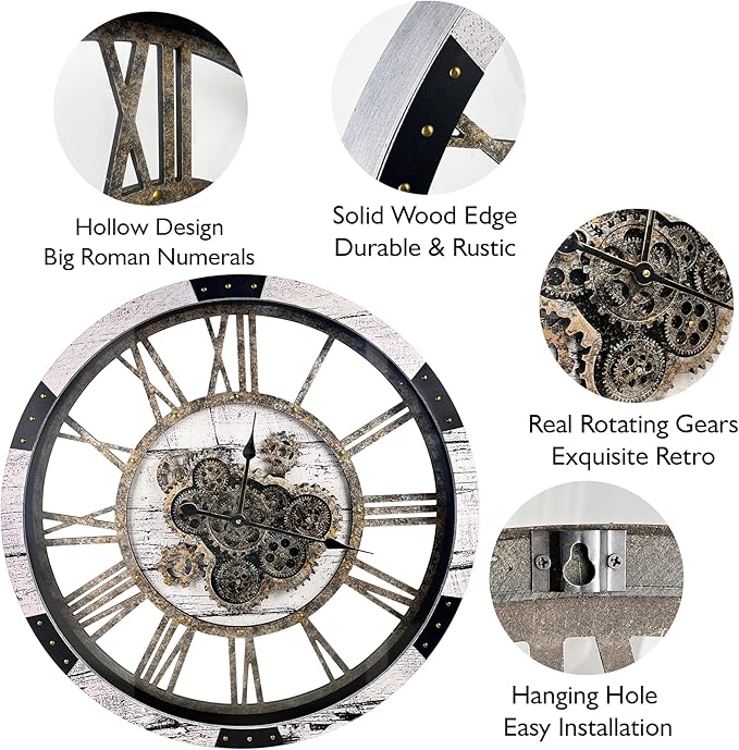 DORBOKER 30" Large Wall Clock Moving Gears,Oversized Industrial Rustic Farmhouse Clocks for Living Room Decor Office Home, Solid Wood Retro Metal HD Tempered Glass Cover, White Grey