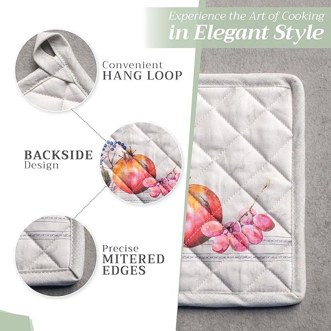 Maison d' Hermine 100% Cotton Oven Mitt & Pot Holder Set (7.5"x13" & 8"x8") Heat Resistant BBQ Cooking Gloves with Loop for Thanksgiving Christmas Decorations Handling Hot Pans (Fruit D'Hiver)