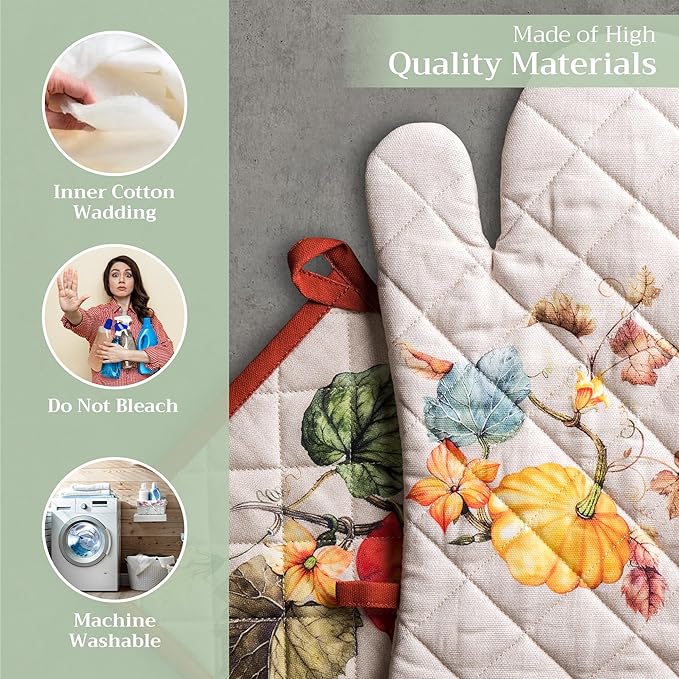 Maison d' Hermine 100% Cotton Oven Mitt & Pot Holder Set (7.5"x13" & 8"x8") Heat Resistant BBQ Cooking Gloves with Loop for Thanksgiving Christmas Decorations Handling Hot Pans (Potiron)