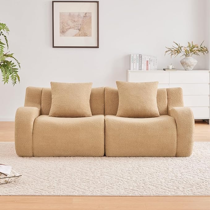 Camel Cloud Couch Loveseat, Modern Teddy Fabric Boneless Sectional Sofa in a Box for Living Room, Modular Floor Couch, No Assembly Required, Sofas para Sala