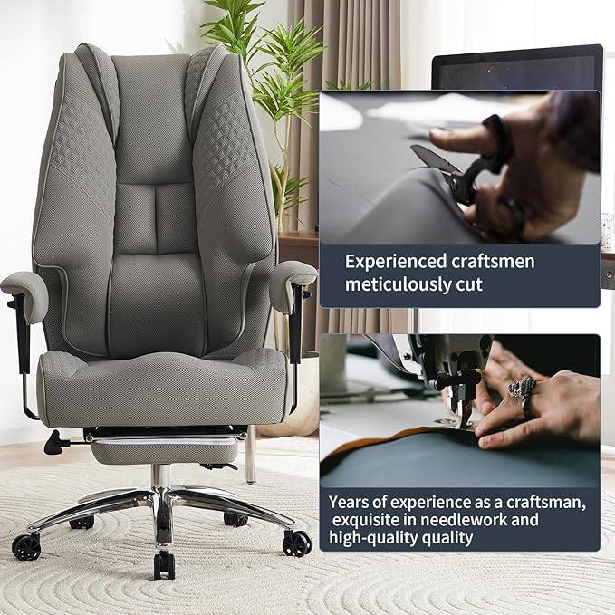 Big and Tall Office Chair with Footrest, PU Leather High Back Executive Office Chair 400lbs, Ergonomic Computer Chairs Lumbar Support for Heavy People (Mesh Grey)