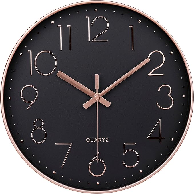 jomparis Rose Gold Black Wall Clock Silent Non-Ticking Quartz Sweep Decorative Battery Operated Wall Clocks
