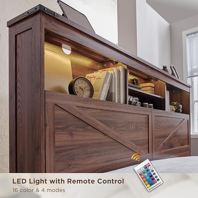 ACCOHOHO Farmhouse Queen Size Bed Frame with 52" Tall Storage Headboard and LED Light,Wood Platform Bed Frame with 4 Drawers and Charging Station,Solid Wood Slats Support,No Box Spring Needed,Brown