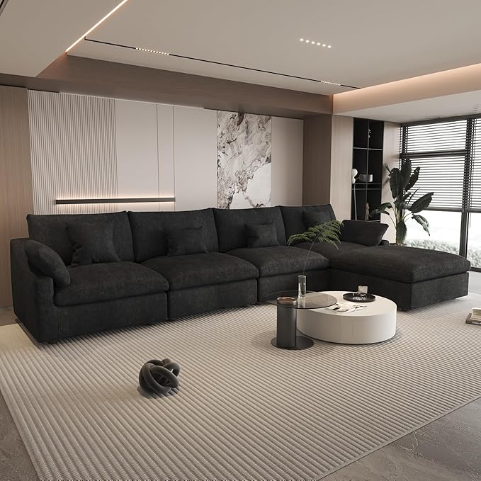 156" Cloud Couch Modular Sectional Sofa with Ottoman,L Shaped Couch,Down Filled Convertible Sofa,Cover Washable and Replaceable Couches for Living Room,Black