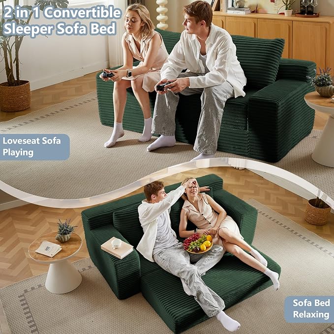 70.87" Loveseat Sofa Bed - Corduroy Upholstered, Comfy Deep Seat & Modern Design - Small Space Friendly, No Assembly Needed - Ideal for Living Room, Bedroom, Apartment, Home Office, Green