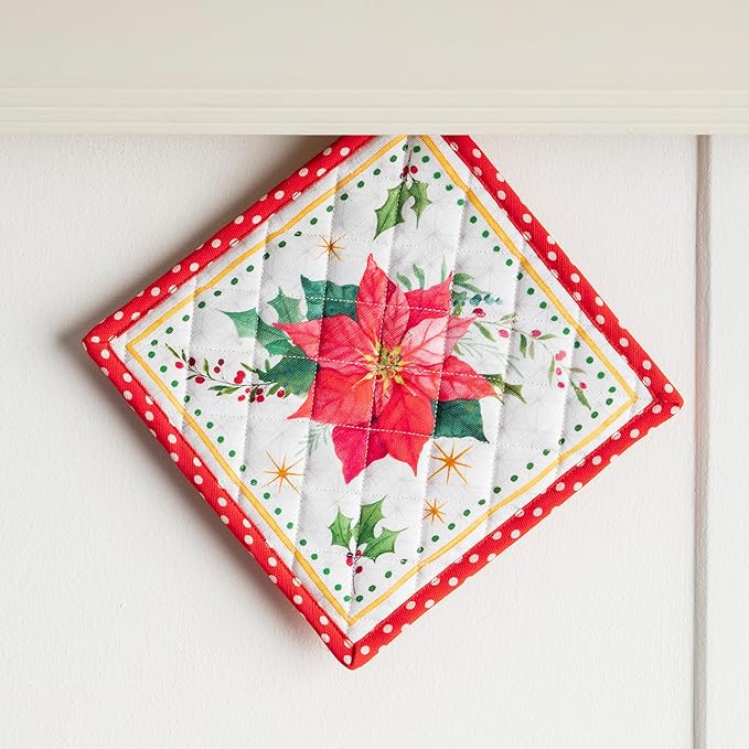 Maison d' Hermine Pot Holders 100% Cotton Heat Resistant Potholders 8" x 8" Hot Pads with Loop for Thanksgiving Christmas Decorations BBQ Cooking Handling Hot Pans (Pack of 1, Poinsettia Christmas)