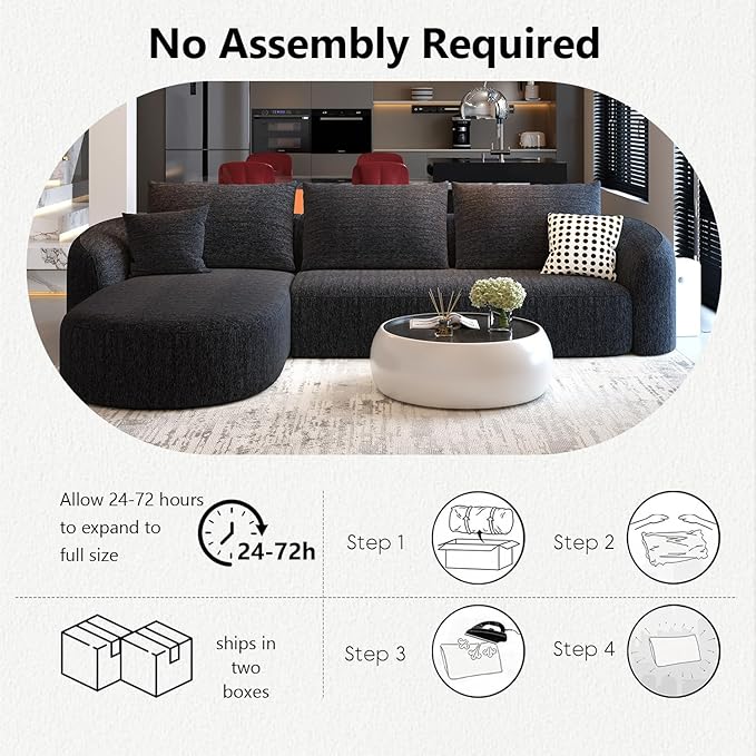 111" Modular Sectional Couches Luxury Modern Curved Back Sofa,Minimalist Comfy L-Shape Boneless Cloud Couch for Living Room Apartment,(Left Facing Chaise,Black)