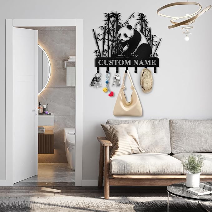 Bamboo Panda Animal Wall Key Holder | Metal Key Organizer with Hooks | Coat Rack & Wall Decor for Front Door & Hallway