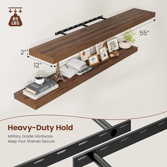 Vivelove Wide Floating Shelves for Wall 12 Inch Deep, 55" X 12" X 2" Floating Shelf, 2 Inch Thick Shelf for Living Room Bathroom Bedroom Kitchen Book Room, Rustic Farmhouse Decor Set of 2, Walnut