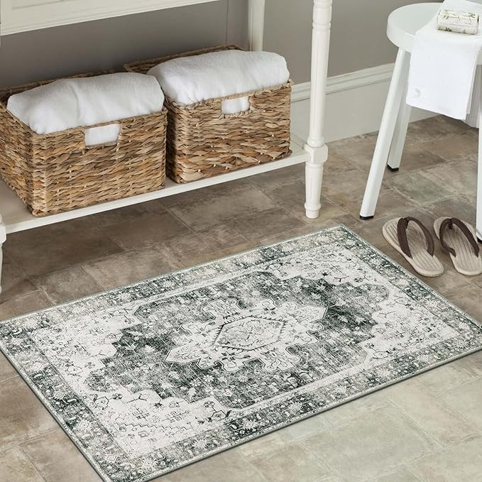 Moynesa Ultra-Thin Washable Area Rug - 2x3 Small Grey Front Door Rug Kitchen Mat, Non Slip Non Shedding Pet Friendly Bathroom Carpet for Office Laundry Powder Room Bedside Hardwood Floor