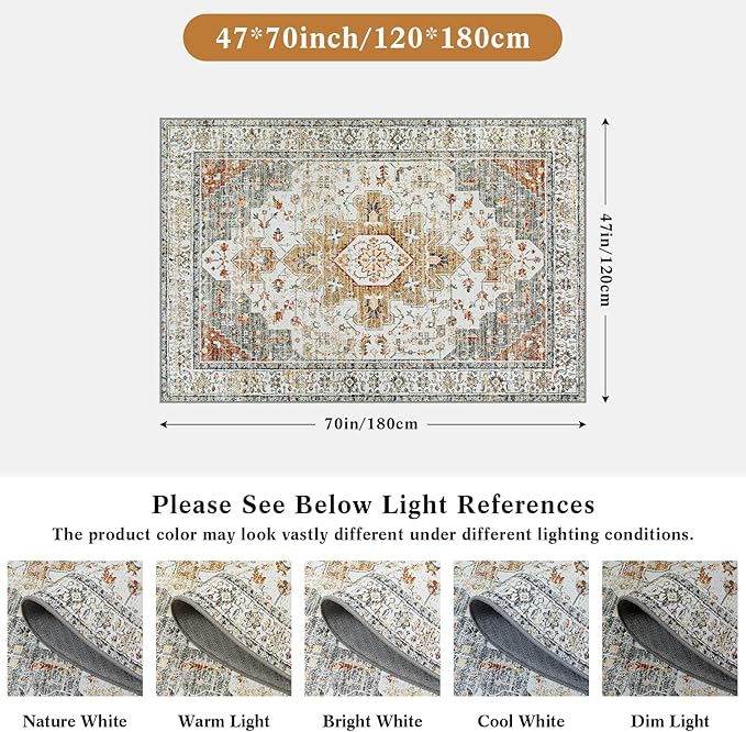 Moynesa Ultra-Thin Washable Area Rug - 4x6 Vintage Living Room Rugs Non-Shed Non Slip, Oriental Low Pile Indoor Accent Floor Carpet for Bathroom Bedroom Laundry Mudroom Entrance, Beige/Gold