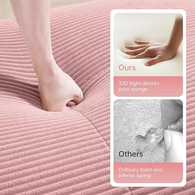 152" Modern Corduroy Cloud Sofa with Ottoman, U Shaped Boneless Modular Large Sectional Couches for Living Room, Pink 4 Seater Compressed Memory Foam Couch, Extra Deep Seat, No Assembly