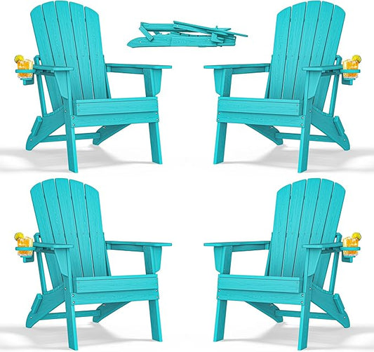 nevilywood Folding Adirondack Chair with Cup Holder Set of 4, HDPE Patio Chairs,All-Weather Outdoor Chairs for Backyard, Deck,Fire Pit-Aruba