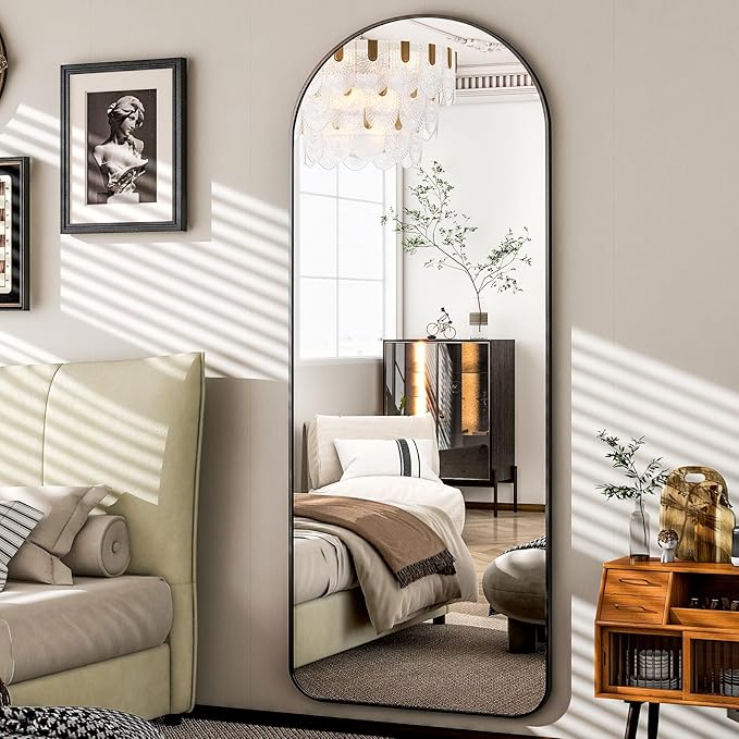 HARRITPURE Arched Full Length Mirror - 64"x21" Large Floor Standing Mirror, Aluminum Frame Dressing Mirrors with Stand for Bedroom/Living Room Wall Mounted, Black