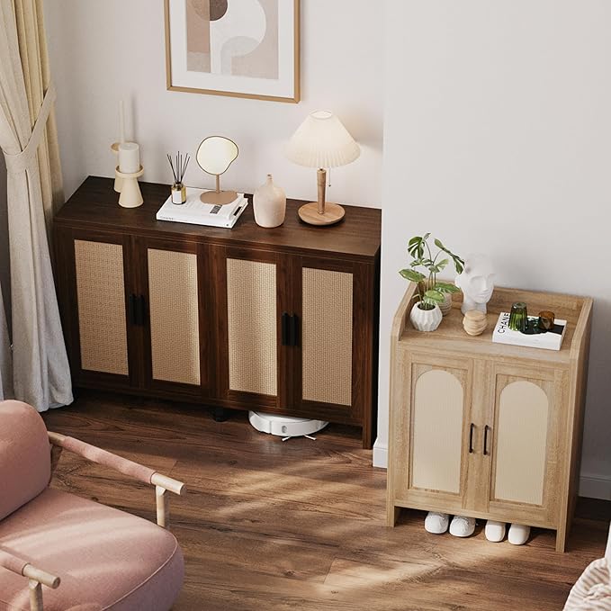 Mericonia Rattan Buffet Cabinet with Storage, Sideboard Cabinet with Doors and Adjustable Shelves, Farmhouse Coffee Bar Station Table, Modern Wood Cupboard for Kitchen, Livingroom, Walnut