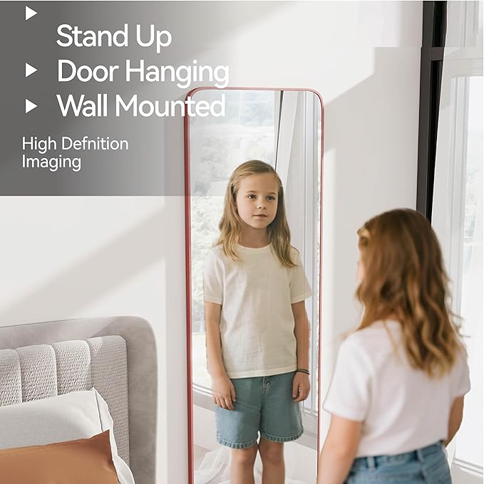 57x20 Door Hanging Full Length Mirror, Floor Stand (Height 5.7ft just Body in1.3ft) Wall Mounted Metal Frame Rectangle Dressing Mirrors for Bedroom Room 57 inch Pink Rose Gold