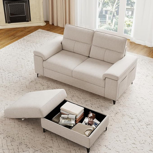 71.25" L Shaped Sectional Couches for Living Room, Deep Seat Sofa with Big Storage Ottoman & 8”Cushion, Comfy 2-Seater Chenille Loveseat, Convertible Armrest, Removable Cover for Small Space(Beige)